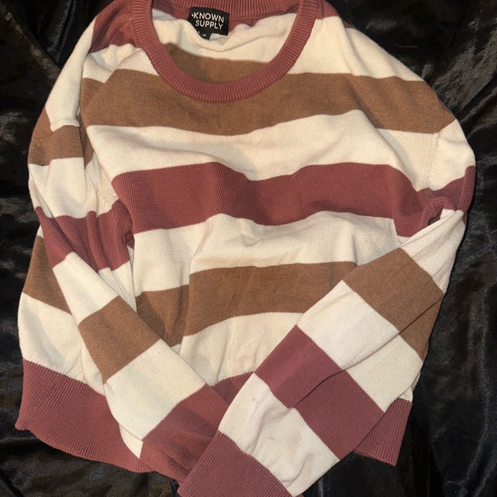 Known Supply Women's Striped Crew Neck Sweater - Pink, Brown, and White
